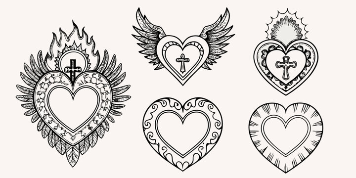 Collection of ornate black and white sacred heart illustrations with wings and flames