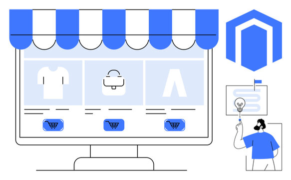 E-commerce, online shopping, digital storefronts, website design, retail technology, Magento platform, user experience. Computer screen product icons and shopping carts. E-commerce and online