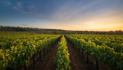 Sunset vineyard rows green grapevine landscape peaceful country field