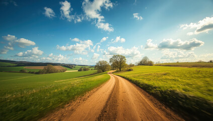Obraz premium Winding rural dirt road countryside green field blue sky scattered cloud