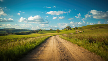 Fototapeta premium Winding rural dirt road country road rolling hill green field blue sky cloudscape summer