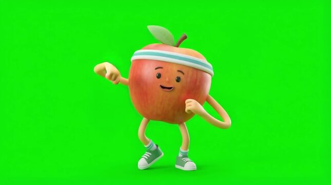 A smiling cartoon apple character exercising on green screen