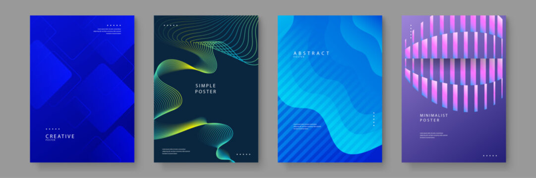 A collection of four modern abstract posters featuring blue gradients and fluid geometric shapes with minimalist typography for professional branding