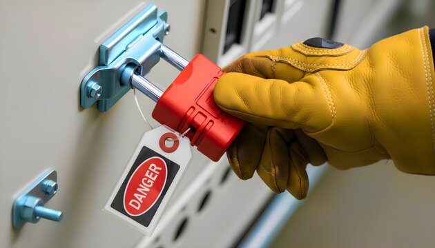 Worker wearing a protective yellow glove carefully engages a red lockout tagout padlock and a clear danger warning tag onto industrial equipment to ensure machinery is properly de-energized and