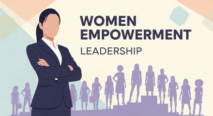Empowering women in leadership roles a confident businesswoman in a sharp dark suit stands with arms crossed overlooking a diverse group of silhouetted women ascending © Haji