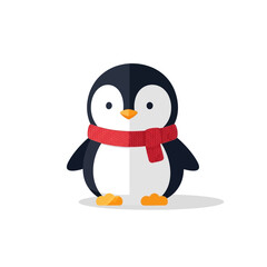Fototapeta premium Cute cartoon penguin with red scarf, winter illustration, flat design