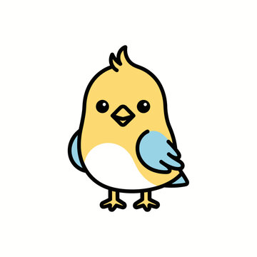 Cute cartoon yellow chick bird with blue wings, simple kawaii style, isolated on white background