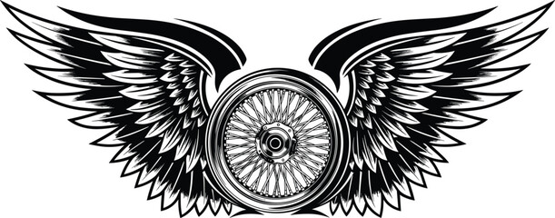Winged Wheel Illustration with Black Spoke Rim and Eagle Wings, Automotive Speed Symbol, and Biker Lifestyle Vector Graphic. © Selina