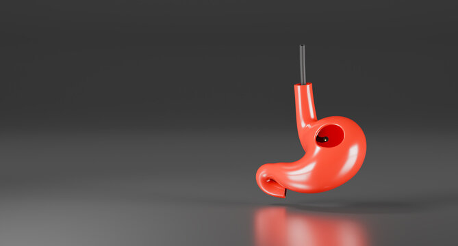 3D medical concept of an endoscopic gastric biopsy. Diagnostic gastric examination for digestive health and early detection of gastric cancer. Gray background. Isolated.