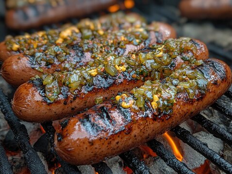 Grilled sausages topped with vibrant relish on a charcoal grill, close-up. Perfect for BBQ concepts, summer grilling, and delicious food photography.