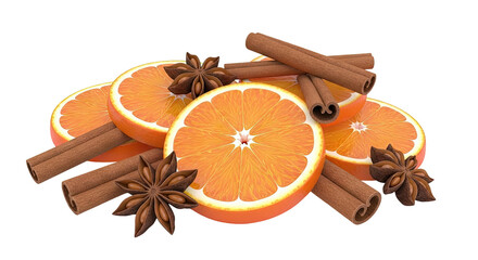 Orange slices, cinnamon sticks, and star anise on a white background