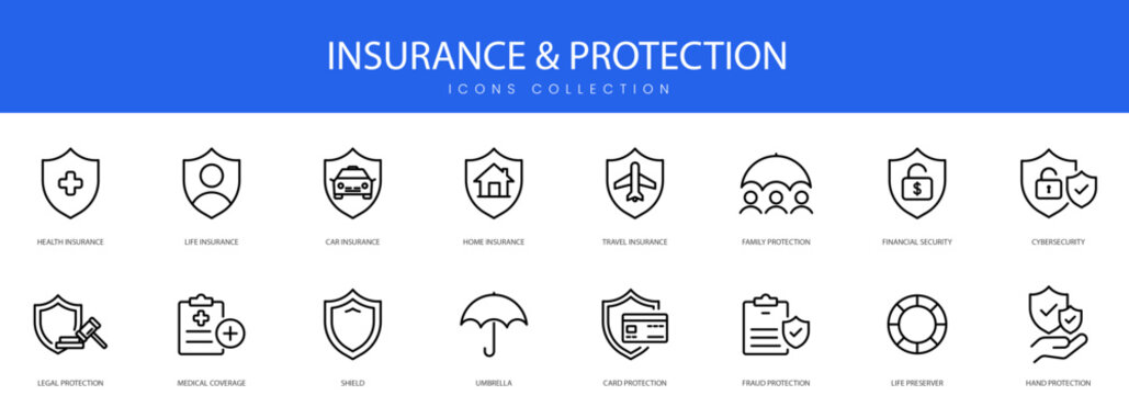 A comprehensive collection of linear icons representing various insurance services and security protection concepts for personal and financial safety