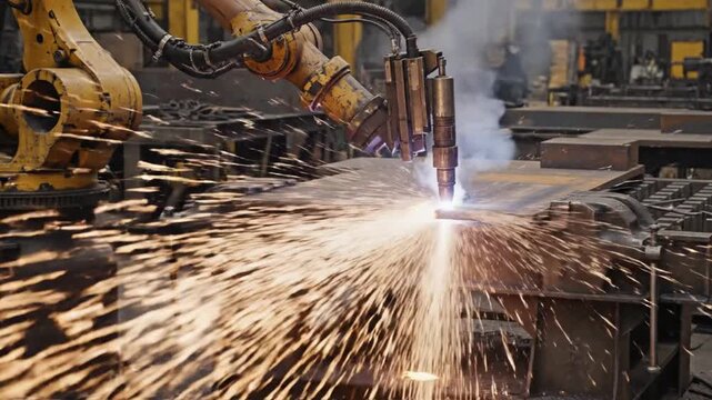 Industrial robotic processor architecture welding steel plate in manufacturing facility