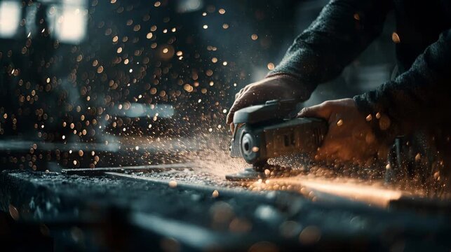 Close up of worker grinding metal with an angle grinder, sparks flying in a dark workshop during industrial fabrication and cutting.