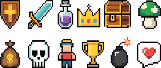 Retro Pixel Art Game Assets icon Set with Sword, Shield, Crown, and Treasure Chest for Video Game Design
