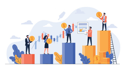 Obraz premium Business professionals standing on various levels of giant bar charts representing financial growth, market analysis, and data tracking.