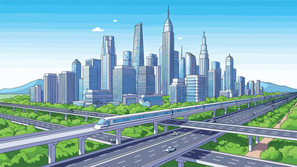 Fototapeta premium High-speed passenger train traveling on elevated tracks across a futuristic city landscape with modern skyscrapers and lush green scenery.
