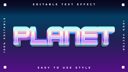 Retro-futuristic planet text effect with 3D chrome lettering and vibrant neon colors on a dark gradient background, perfect for sci-fi and gaming graphics