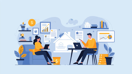 Obraz premium Young professionals working remotely from home on laptops in a comfortable living room with various business data and house icons.