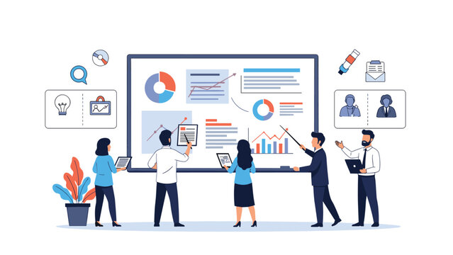 Professional data analysis team collaborating on business strategies and insights around a large interactive presentation board.