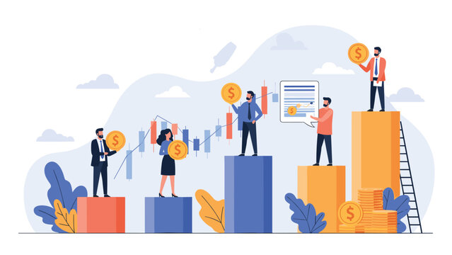 Business professionals standing on various levels of giant bar charts representing financial growth, market analysis, and data tracking.