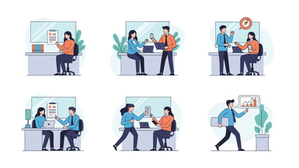 Set of business workflow illustrations showing office interactions, collaboration, individual tasks, and data analysis.
