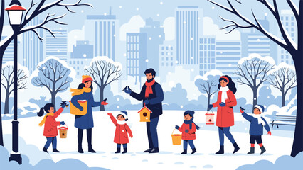 Happy families and children enjoy feeding birds in a beautiful snowy park with a scenic city skyscraper skyline view during the winter season.