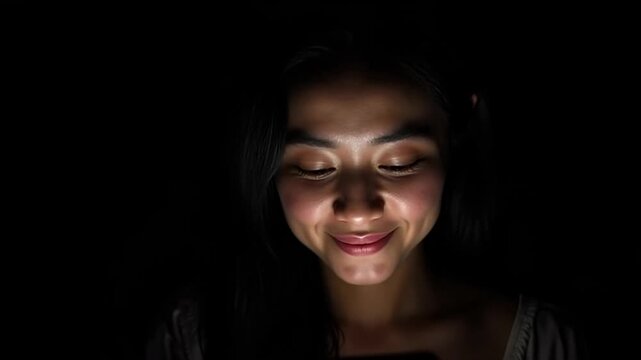 Close up portrait of woman illuminated only by smartphone light in dark room, dramatic yet soft lighting, detailed facial features and reflections in eyes, simple black background