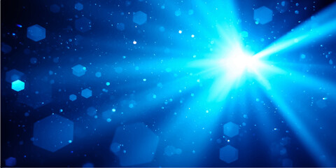 A glowing abstract blue background features a bright star burst and magic energy rays shining through a deep space sky illustration © lima
