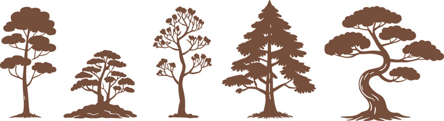 Pine and Fir Tree Silhouettes Set for Forest Landscapes, Outdoor Nature Adventure, and Wild Woodworking Design © Majnur