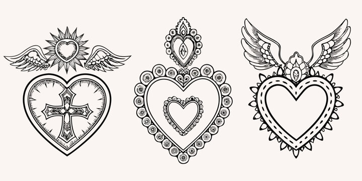 Three ornate sacred heart designs with wings and religious symbolism