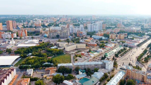 Ryazan, Russia. General panorama of the city. Historic District - Old Town. Drone footage