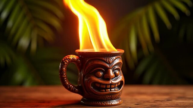 Exotic tiki style flaming cocktail in decorative ceramic mug, vibrant fire casting warm glow on textured surface, tropical leaves softly blurred behind