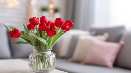 Fototapeta premium Bright Red Tulips in Glass Vase on Wooden Table with Cozy Living Room Decor and Soft Fabrics in Background Enhancing Warm Atmosphere and Inviting Feel