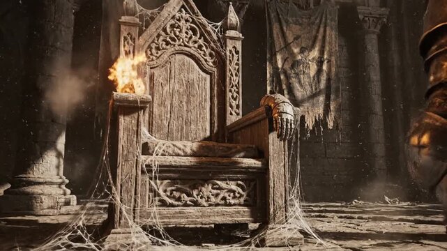 Knight in ancient ruined hall kneels beside cracked throne under flickering torchlight