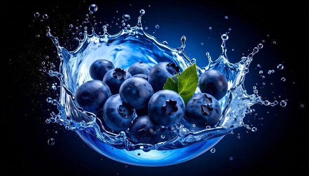Juicy blueberries dramatically plunge into cool, clear water, creating an invigorating and healthy natural spectacle