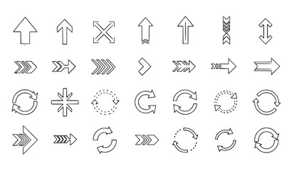 A set of black and white line art arrow icons and symbols for navigation and direction