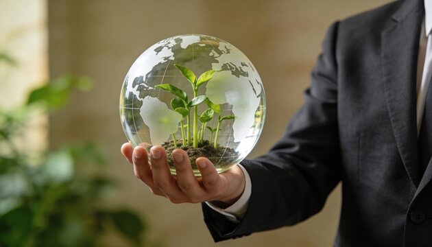 Global Stewardship: A poised individual cradles a glass globe with growing plant life, symbolizing the imperative of environmental responsibility.