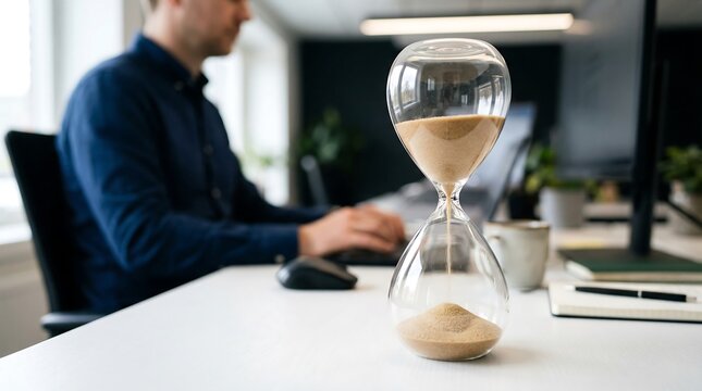 Business Time Management Man Working in Office with Hourglass.