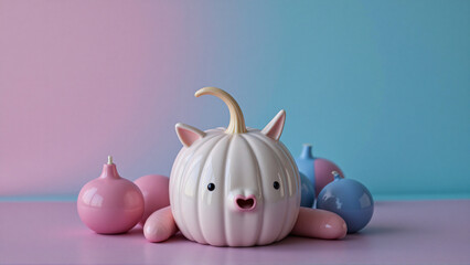 Charming Pastel Creature Gazing in Surprise Amidst Playful Spheres