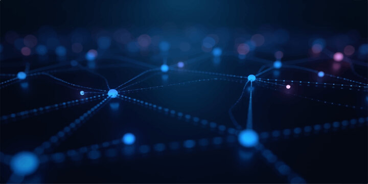 Abstract blue fiber optics background featuring glowing light spots and digital network lines representing global communication and energy technology in a bright space illustration