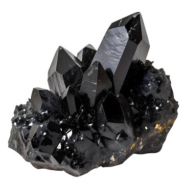 Clustered black quartz crystals with sharp facets
