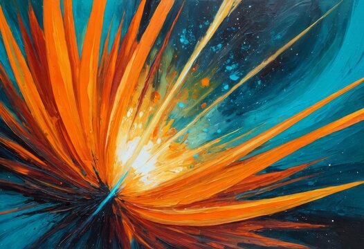 Abstract acrylic painting of orange and blue paint exploding radially