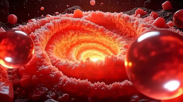Transformed into a cosmic whirlpool, crystallized vitamin shards orbiting core drift languidly, illuminating with fiery reds and soft pastels, while gentle zooms and shifts of perspective