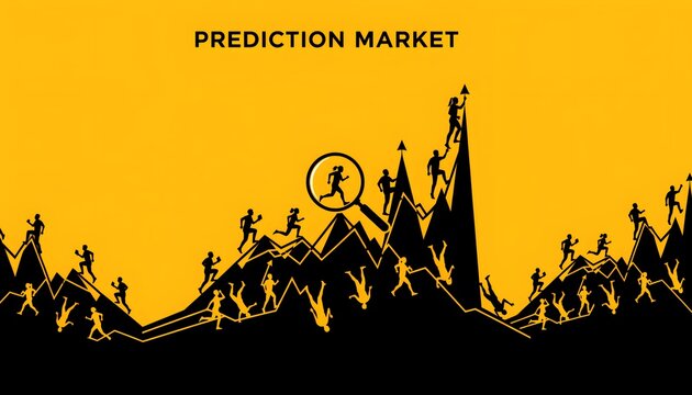 Prediction market concept illustration depicting numerous determined individuals navigating volatile financial trends and economic fluctuations, showcasing both the challenging risks of decline and