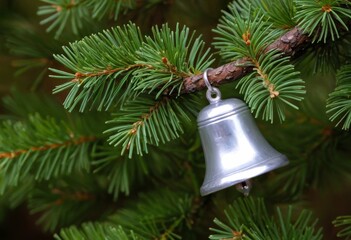 Antique silver bell hanging on a pine tree branch