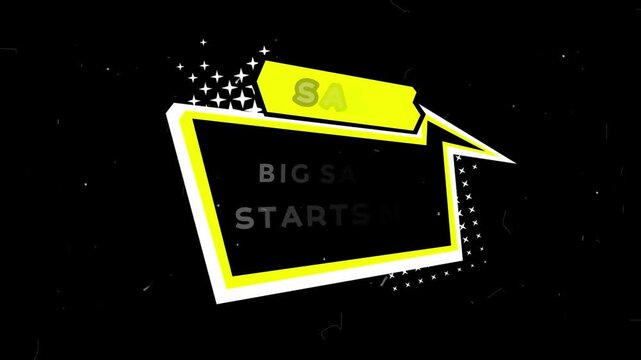 Dynamic animated graphic banner featuring bold yellow and white text advertising a big sale starting immediately against a dark grunge background for maximum visual impact.