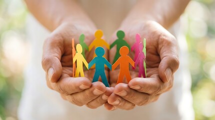 Hands Cupping Diverse Paper People Figures Symbolizing Unity Care Community.
