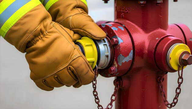 Firefighter hands wearing tan leather protective gloves attaching a yellow coupling to a worn red fire hydrant outlet nozzle during emergency preparedness operations