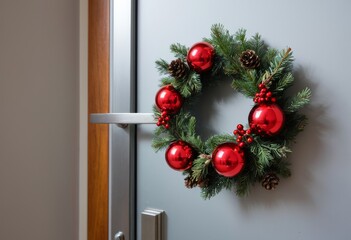 Christmas wreath with red ornaments on a modern front door